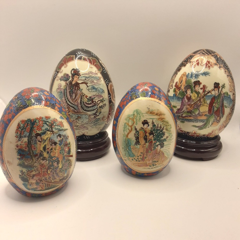 Vintage Satsuma Style Porcelain Decorative Eggs Geisha Moriage Gold Gilt Set 4